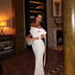 Elegant Sheath Off the Shoulder Satin Prom Dress Formal Dress Party Dress with Bow SH3747