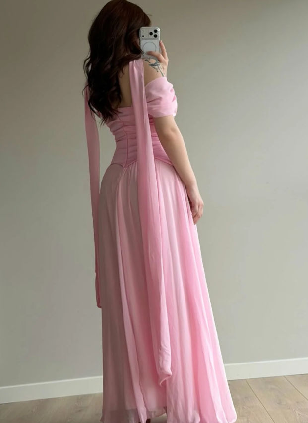 Simple Pink A Line Off the Shoulder Chiffon Satin Prom Dress Wedding Guest Dress SH5420