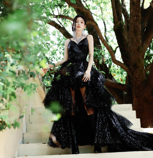 Sexy Ball Gown Spaghetti Straps Black Sequin Layered Tulle Prom Dress Evening Dress 16th Birthday Dress SH4052