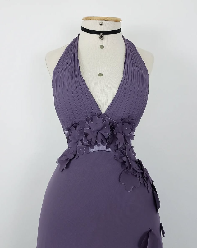 Retro A Line Halter Flower Purple Chiffon Open Back Evening Dress Party Dress SH3167