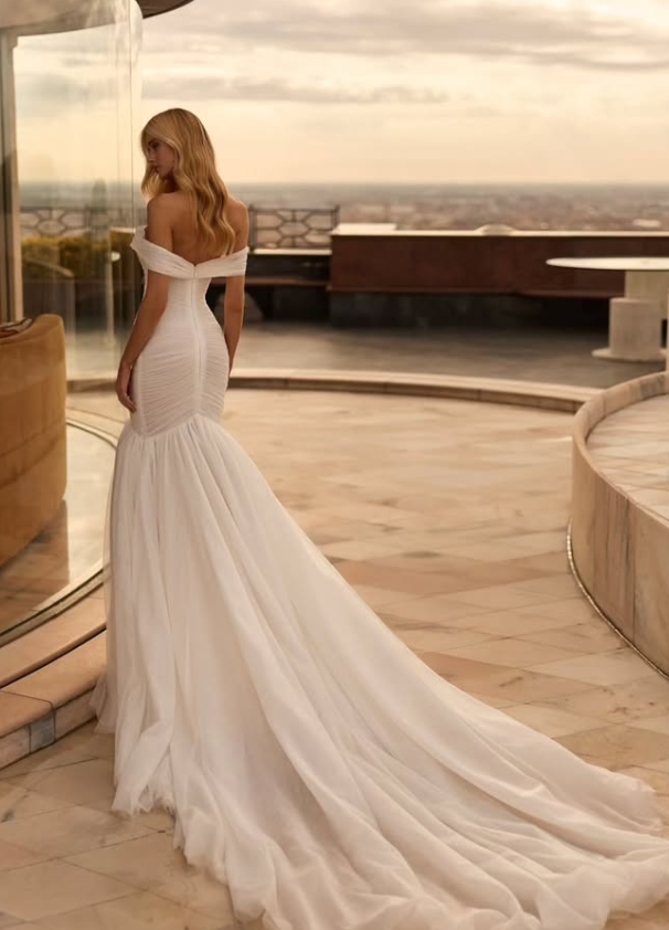 Stunning Mermaid Off the Shoulder White Tulle Long Train Wedding Dress SH7151