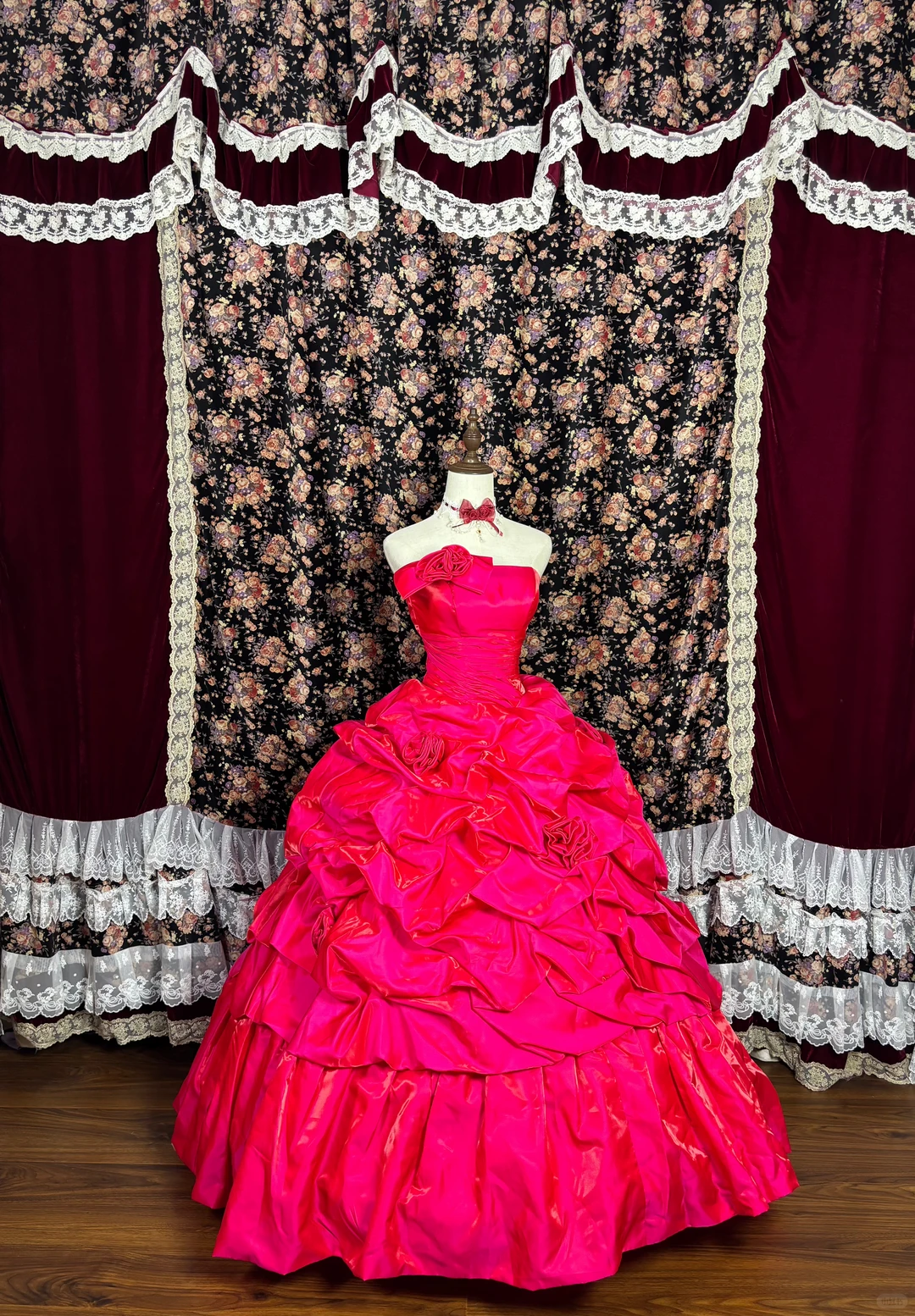 Vintage Hot Pink Ball Gown Strapless Pleated Satin Prom Dress Sweet 16 – shinydress