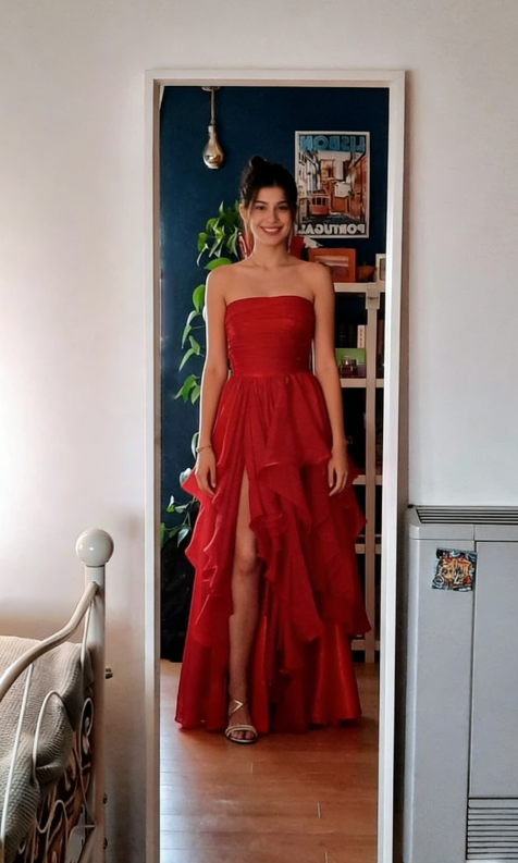 Sexy Red Chiffon Tiered Long Prom Dress A Line Slit Evening Dress SH1495