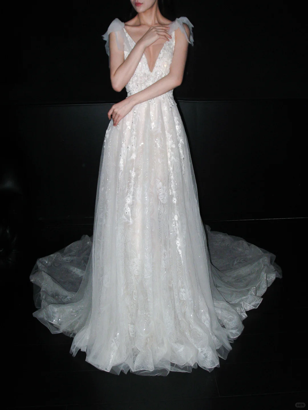 Princess A Line V Neck White Beaded Sequin Lace Tulle Long Wedding Dress SH8917