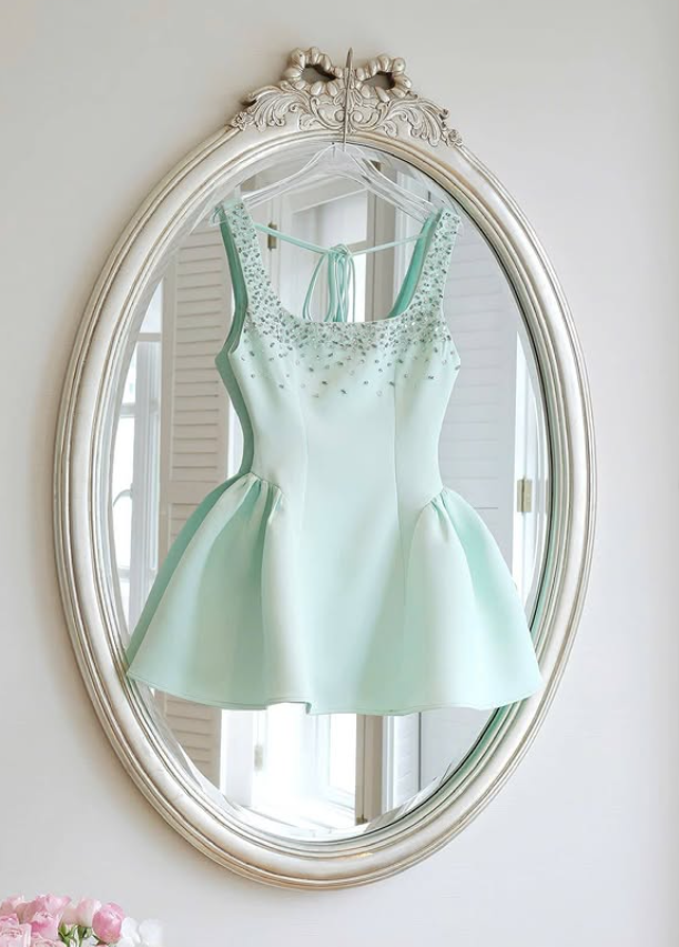 Blue A Line Strap Rhinestone Satin Short Homecoming Dress SH4784