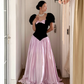 Retro Princess A Line Puff Sleeve Pink Satin Black Velvet Long Prom Dress Evening Dress SH6047