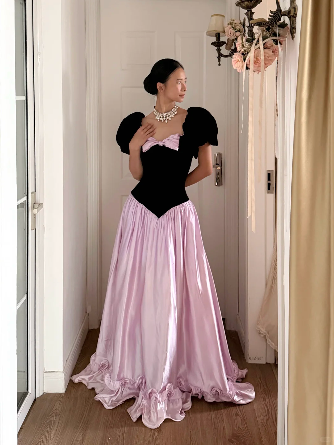 Retro Princess A Line Puff Sleeve Pink Satin Black Velvet Long Prom Dress Evening Dress SH6047