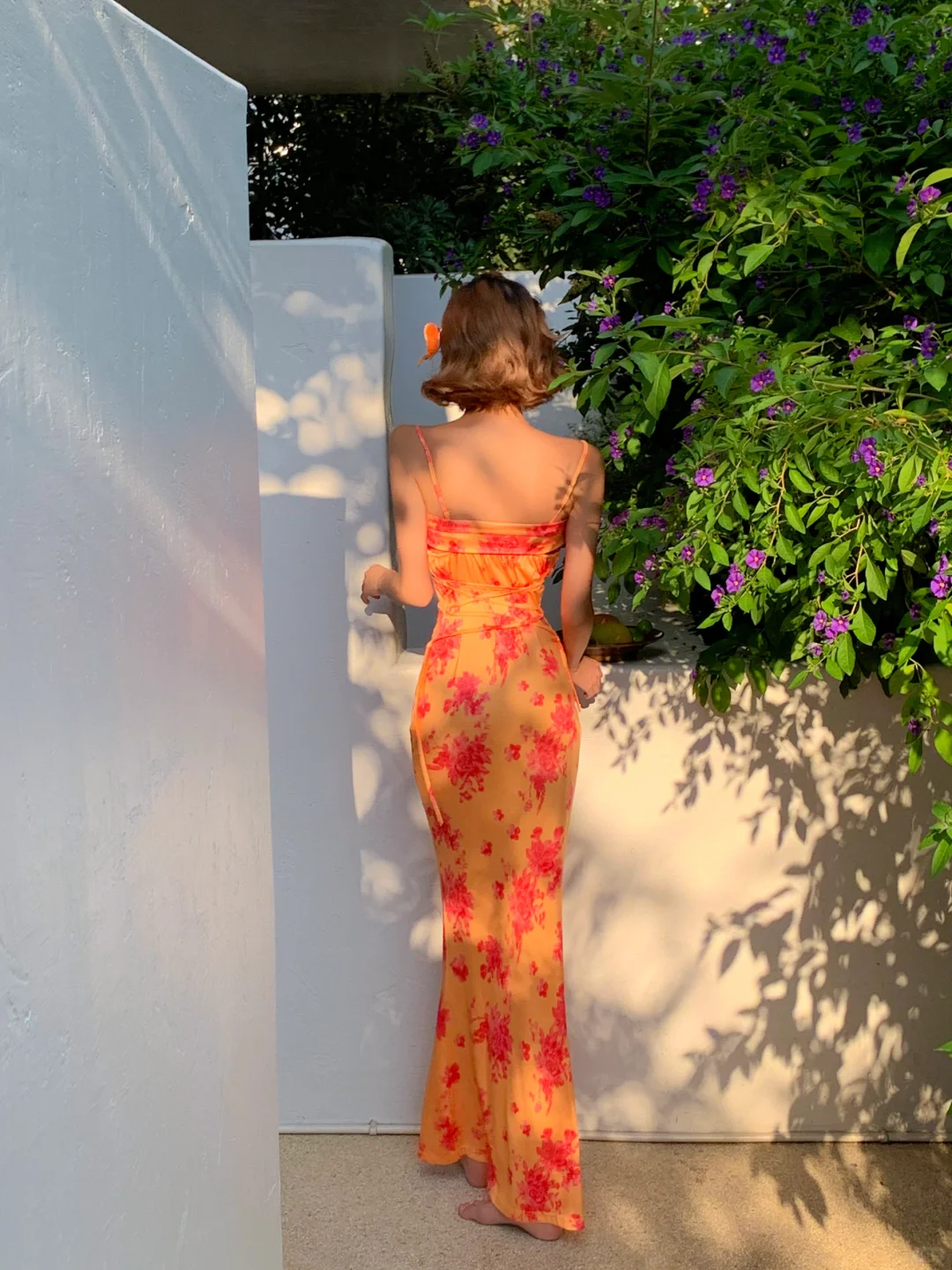 Sexy Sheath Spaghetti Straps Orange Print Floral Satin Long Prom Dress Outfits SH4331