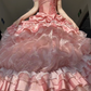 Pink Rose Ball Gown Off the Shoulder Layered Organza Satin Prom Dress Party Dress SH5024