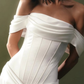 High-class A Line Off the Shoulder Corset White Satin Long Train Wedding Dress SH7349
