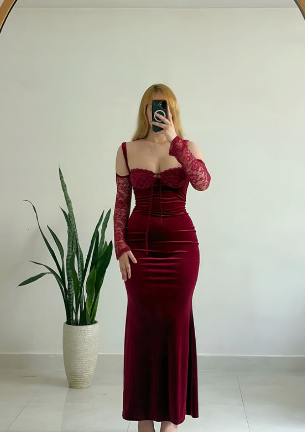 Sexy Burgundy Sheath Spaghetti Strap Lace Velvet Prom Dress Evening Dress SH6872