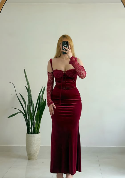 Sexy Burgundy Sheath Spaghetti Strap Lace Velvet Prom Dress Evening Dress SH6872