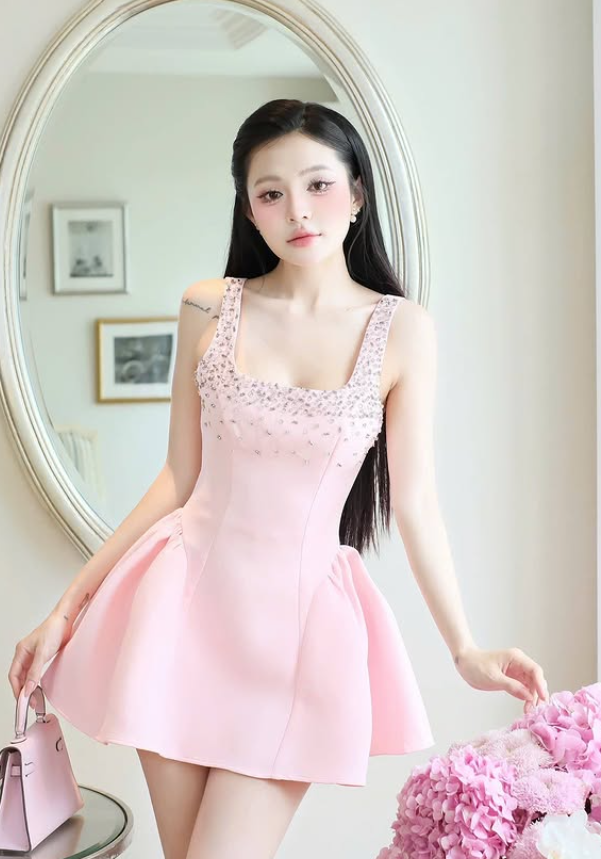 Pink A Line Strap Rhinestone Satin Short Homecoming Dress SH4783