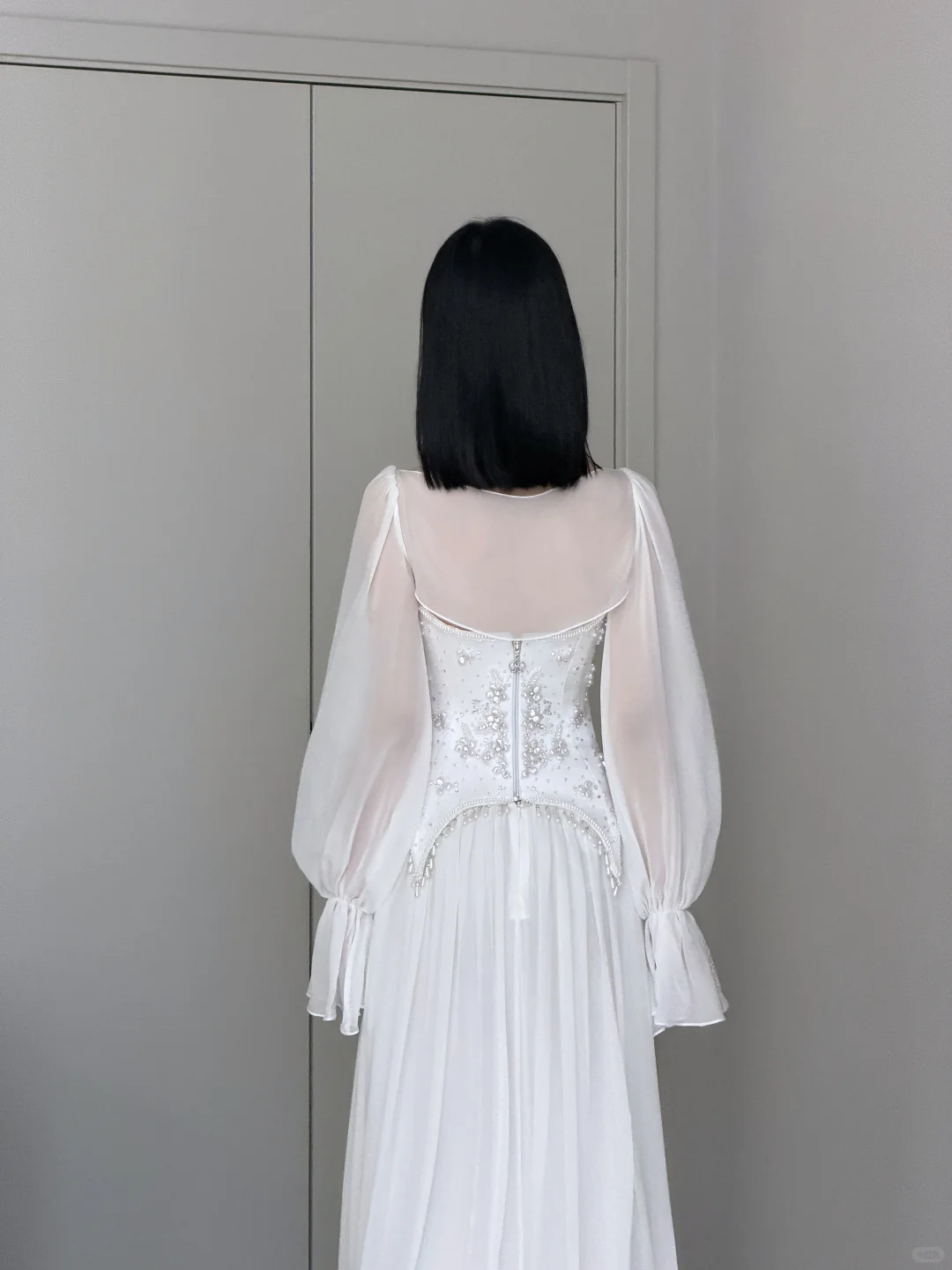 2026 New A Line Long Sleeve Beaded Chiffon Satin Long Wedding Dress SH7710