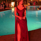 Elegant Burgundy A Line Straps Satin Long Prom Dress Evening Dress with Slit SH7305