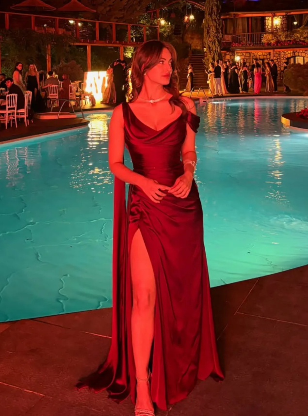 Elegant Burgundy A Line Straps Satin Long Prom Dress Evening Dress with Slit SH7305