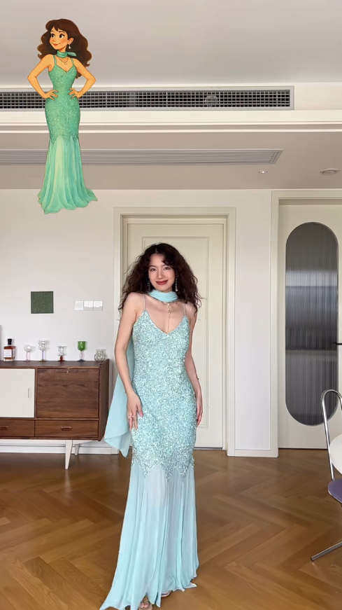 Gentle Baby Blue Mermaid Spaghetti Strap Beaded Sequin Chiffon Prom Dress Party Dress SH4547