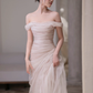Flowy A Line Off the Shoulder Pleated Tulle Prom Dress Evening Dress SH4213