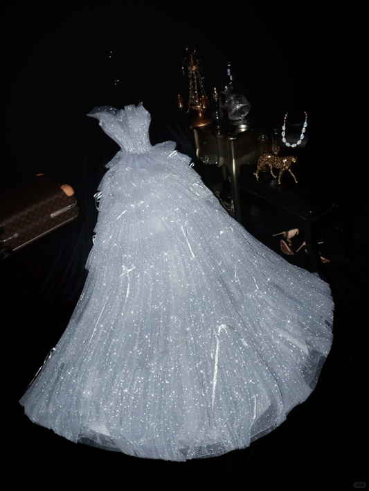 Shiny A Line Strapless Layered Sequin Tulle Long Prom Dress Evening Dress with Bow SH3161