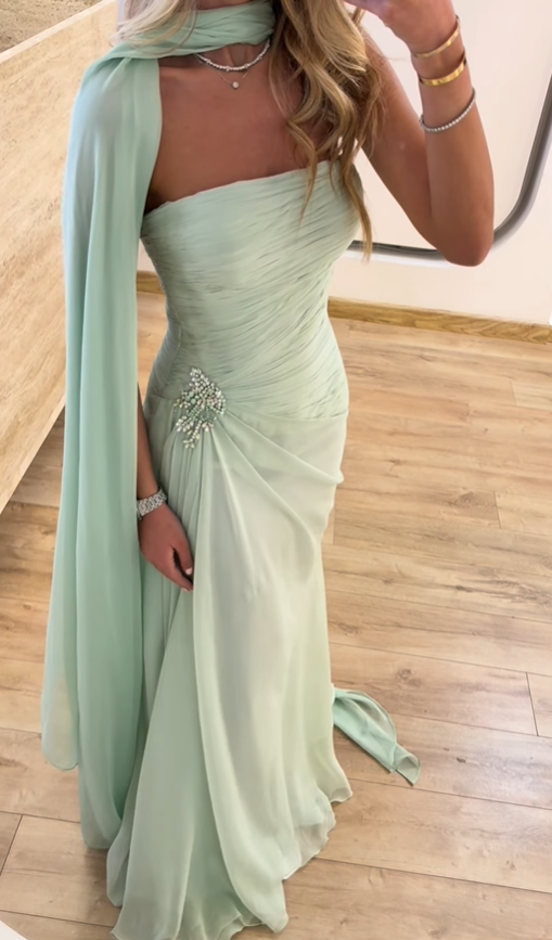Fresh Green A Line Strapless Chiffon Long Prom Dress Party Evening Dress SH5704