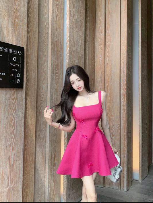 Hot Pink A Line Straps Bow Satin Short Homecoming Dress Cocktail Dress SH3090