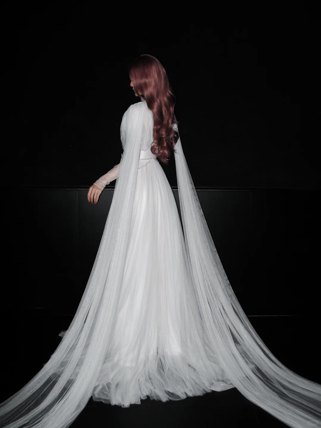 Flowy White Tulle A Line Long Sleeve High Neck Wedding Dress SH5972