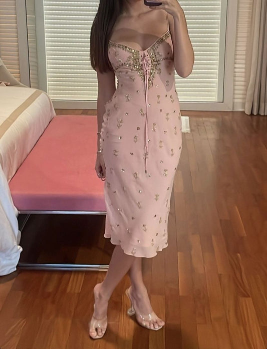 Pink Sheath Spaghetti Straps Sequin Beaded Chiffon Homecoming Dress Cocktail Dress Outfits SH3913