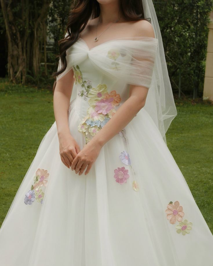 Cute A Line V Neck Colorful Appliques White Tulle Long Wedding Dress SH8737