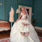 Stunning Ball Gown 3D Pink Floral White Tulle Satin Long Train Wedding Dress SH7259