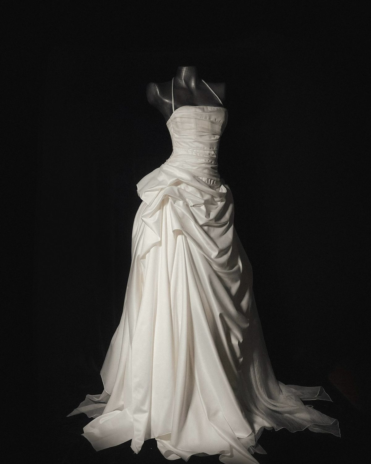 Stunning A Line Halter Pleated White Tulle Satin Long Wedding Dress SH4526
