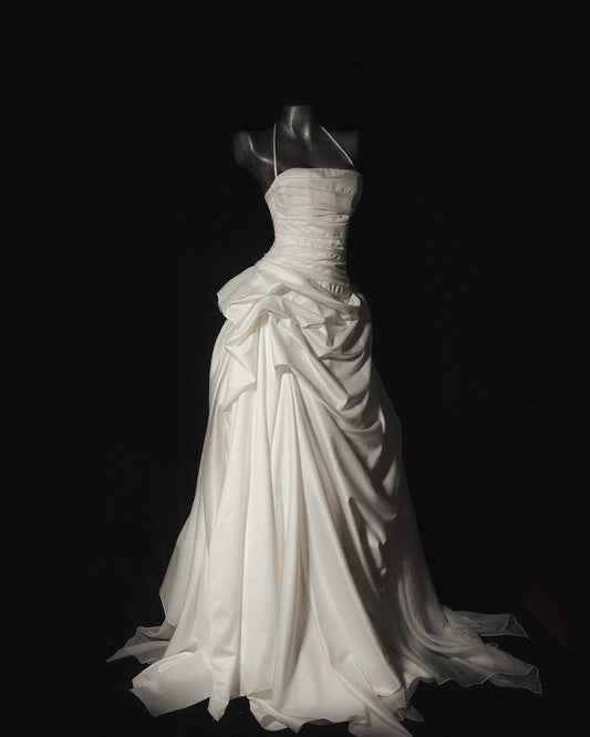 Stunning A Line Halter Pleated White Tulle Satin Long Wedding Dress SH4526