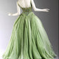 Vintage Ball Gown A Line Spaghetti Strap Beaded Pleated Green Tulle Party Dress Evening Dress SH2849