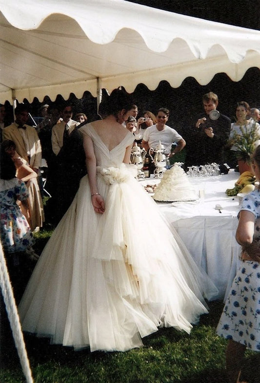 Pretty Ball Gown V Neck Ivory Tulle Long Train Wedding Dress Prom Dress SH7422