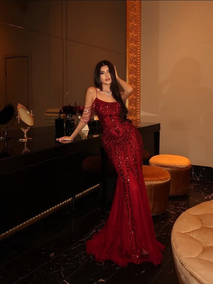 Sexy Burgundy Mermaid Spaghetti Strap Beaded Sequin Tulle Long Prom Dress Evening Dress SH8859