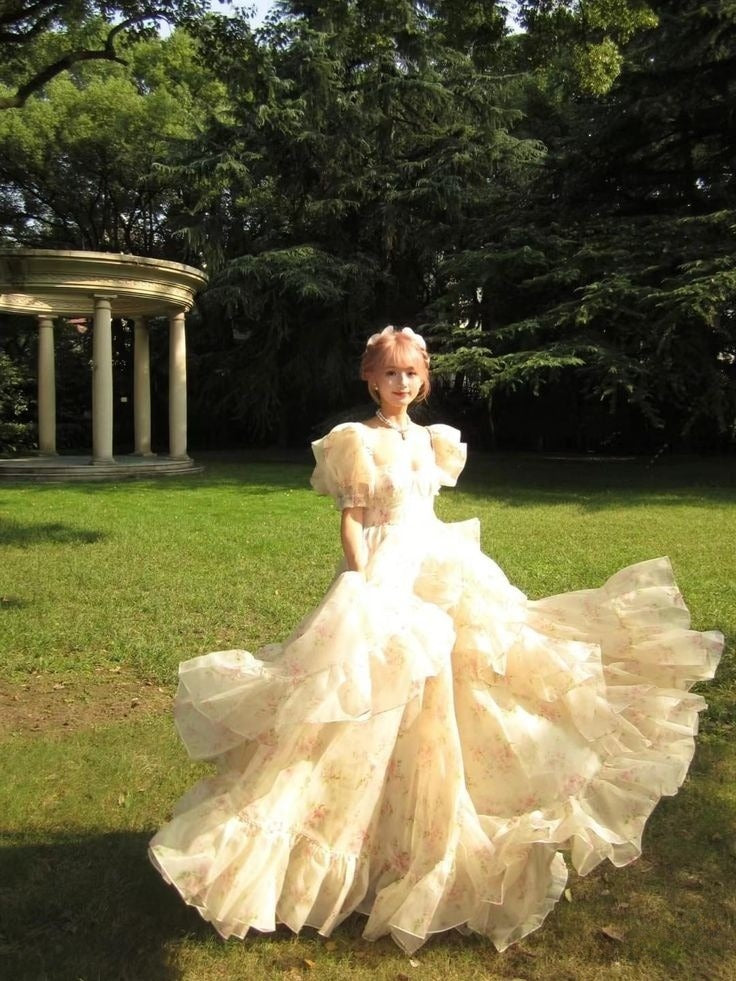 Romantic A Line Puff Sleeve Print Flower Chiffon Party Dress Evening Dress with Slit SH2865