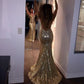 Golden Mermaid Spaghetti Strap Sequin Open Back Long Party Dress Evening Dress SH2915