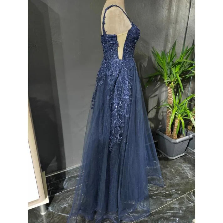 Blue Tulle Applique Long Evening Dress Formal Prom Dress SH902