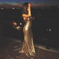 Golden Mermaid Spaghetti Strap Sequin Open Back Long Party Dress Evening Dress SH2915
