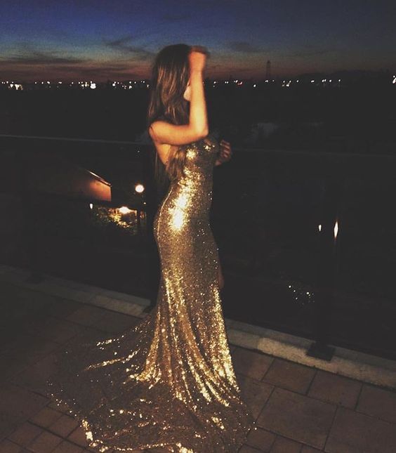 Golden Mermaid Spaghetti Strap Sequin Open Back Long Party Dress Evening Dress SH2915