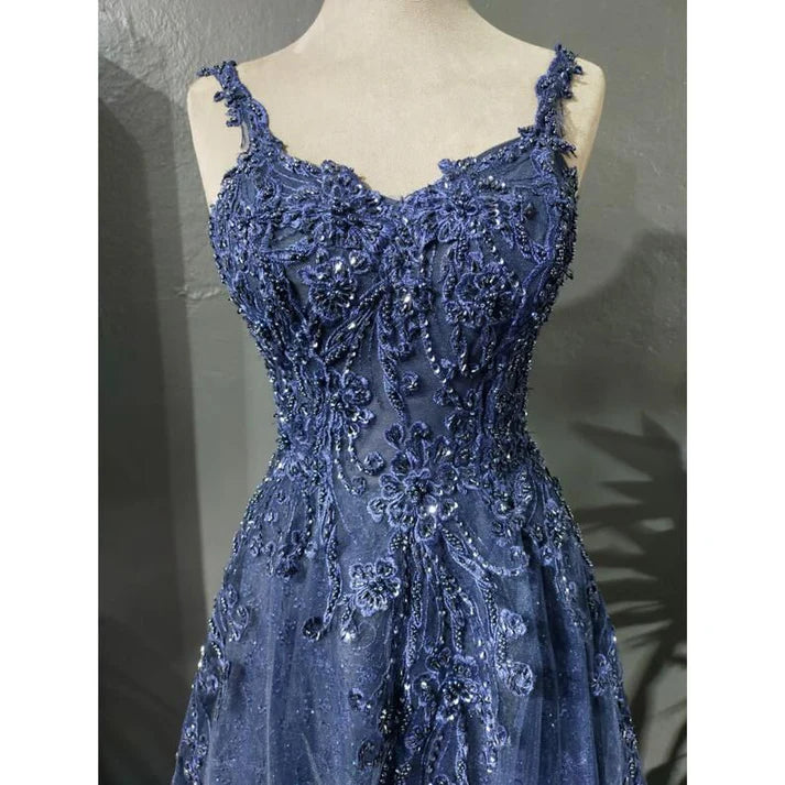 Blue Tulle Applique Long Evening Dress Formal Prom Dress SH902