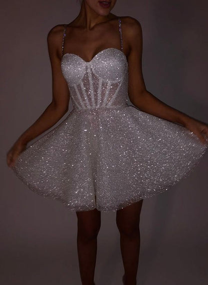 Shiny Sliver A Line Spaghetti Straps Sequin Homecoming Dress Short Prom Dress SH6468