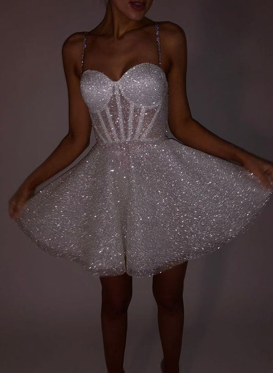 Shiny Sliver A Line Spaghetti Straps Sequin Homecoming Dress Short Prom Dress SH6468