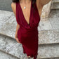 Simple Mermaid V Neck Burgundy Satin Open Back Prom Dress Evening Dress SH2189