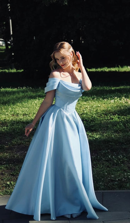 Classic Blue Off the Shoulder Satin Long Prom Dress Evening Dress SH6904