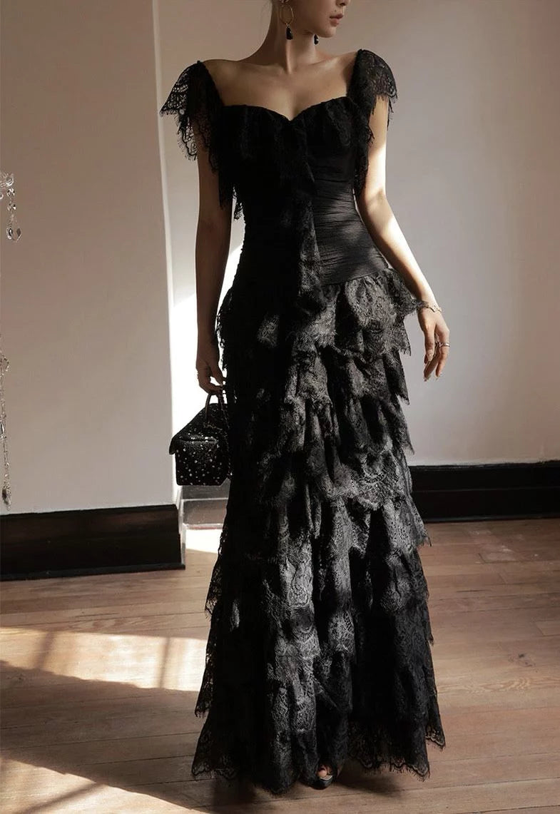 Sexy Black Mermaid Straps Layered Lace Prom Dress Evening Dress SH5497