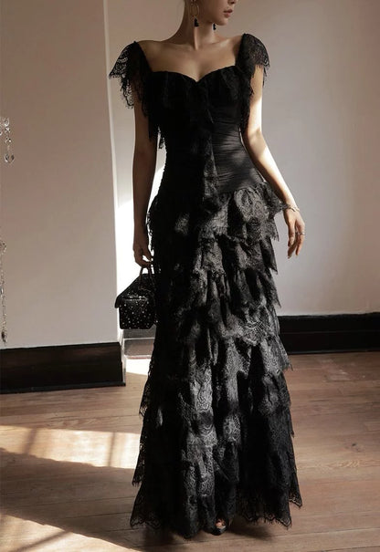 Sexy Black Mermaid Straps Layered Lace Prom Dress Evening Dress SH5497