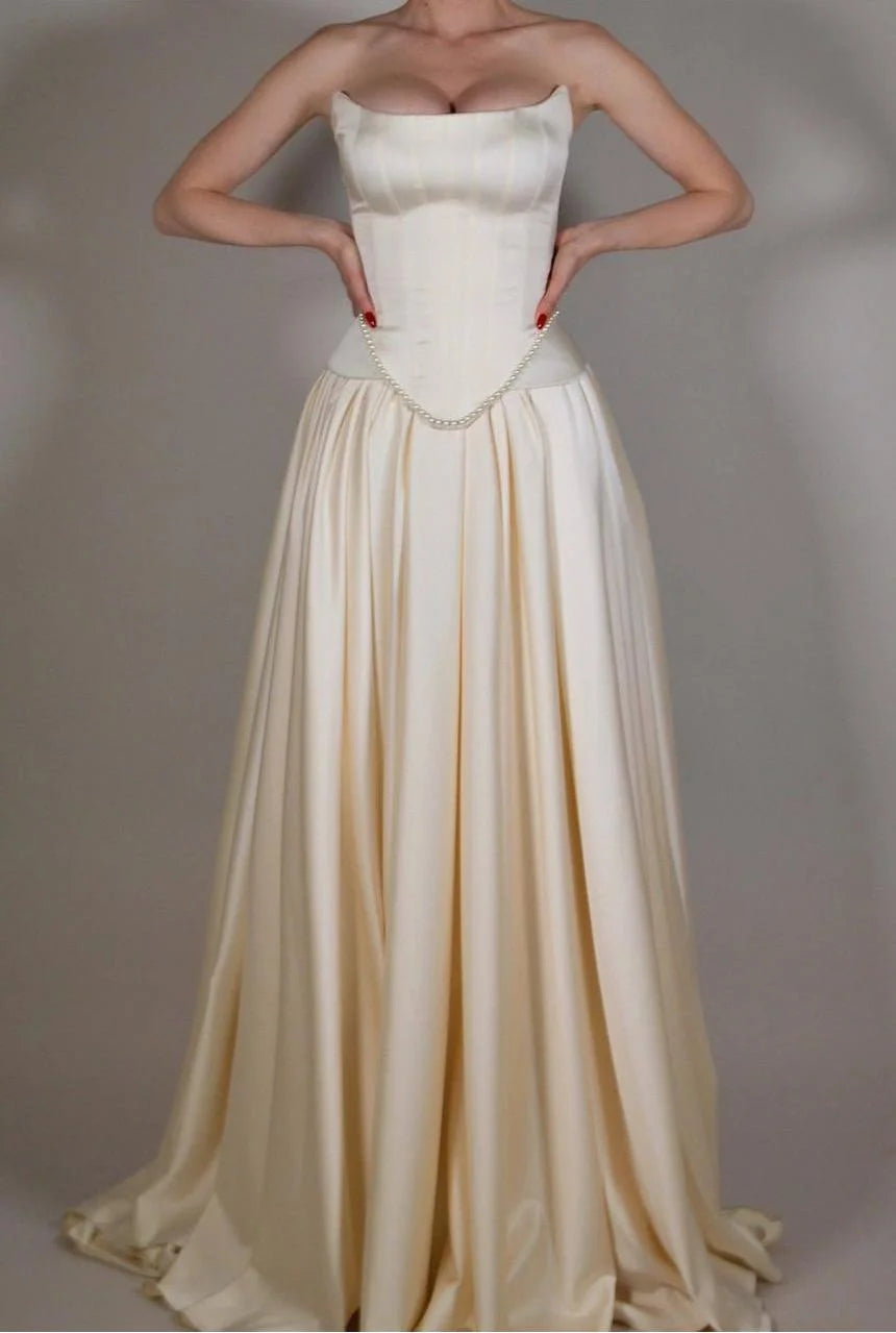 Exquisite Satin Ivory Sleeveless Strapless Long Pleated Prom Dress with Beadings SH5463