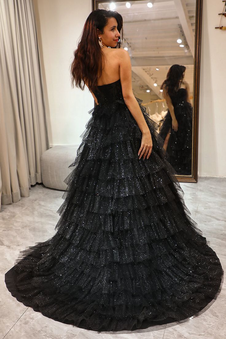 Black A Line Sweetheart Layered Tulle Prom Dress With Slit SH1583