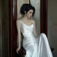 Gentle White Mermaid V Neck Satin Long Prom Dress Evening Dress Date Dress SH5847