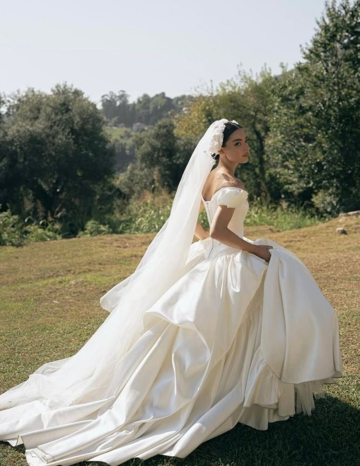 Classic A Line Off the Shoulder Corset White Satin Long Wedding Dress SH5283
